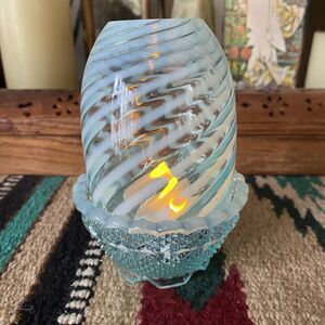 Vintage Fenton Blue Swirl Opalescent Glass Fairy Lamp. Excellent Condition.